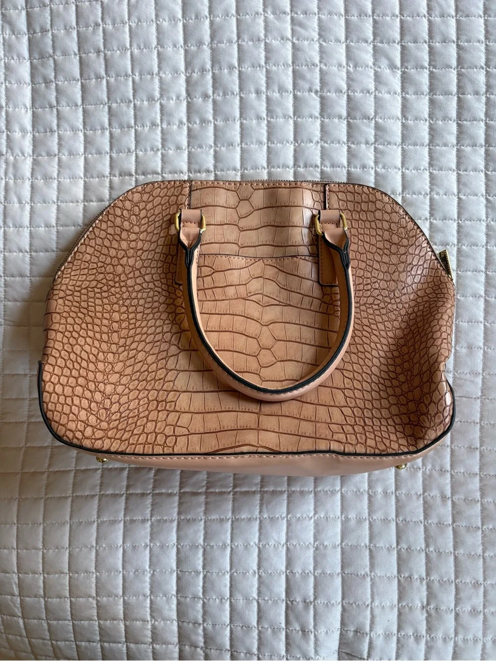 London Fog Croc-Embossed Handbag in Beige/Tan 11” Vegan Leather